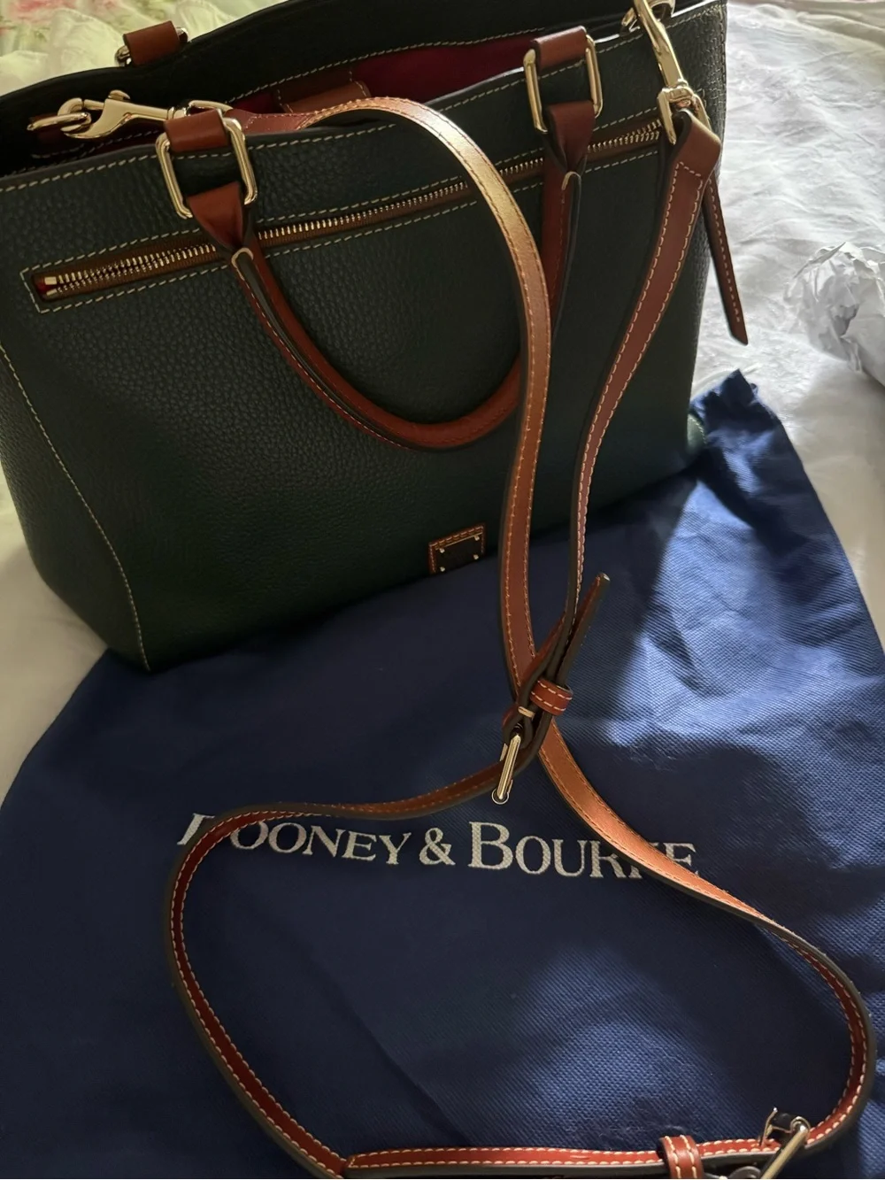 Dooney & Bourke Dark Green Pebbled Leather Satchel with Brown Trim